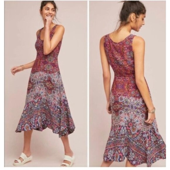 Anthropologie Maeve Violette Sleeveless Midi Dress Size 12 Red Boho - Picture 1 of 9